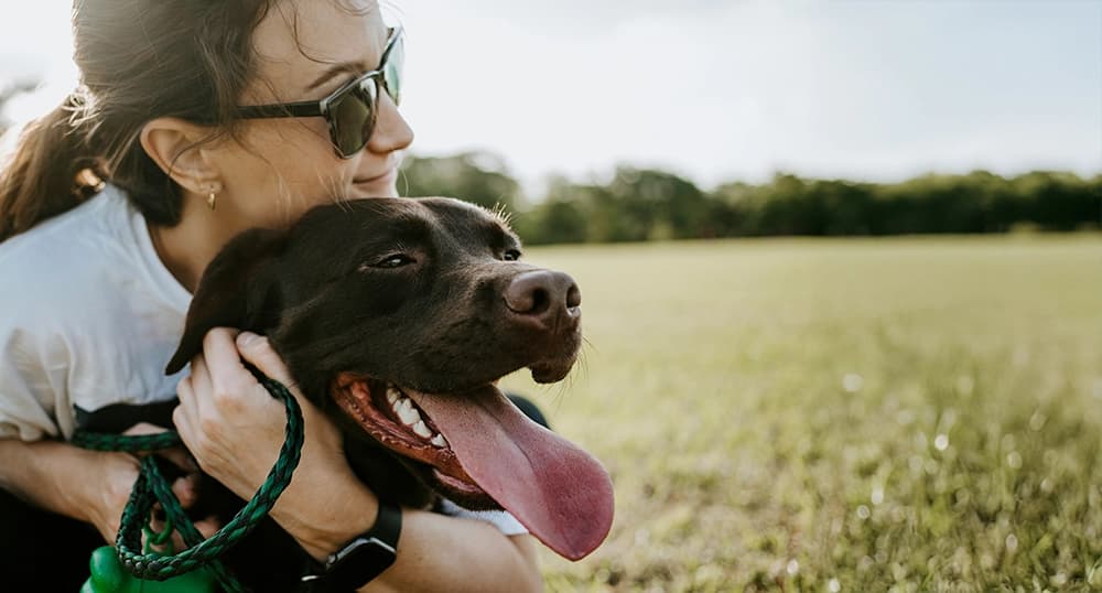A girl and her dog in a field.