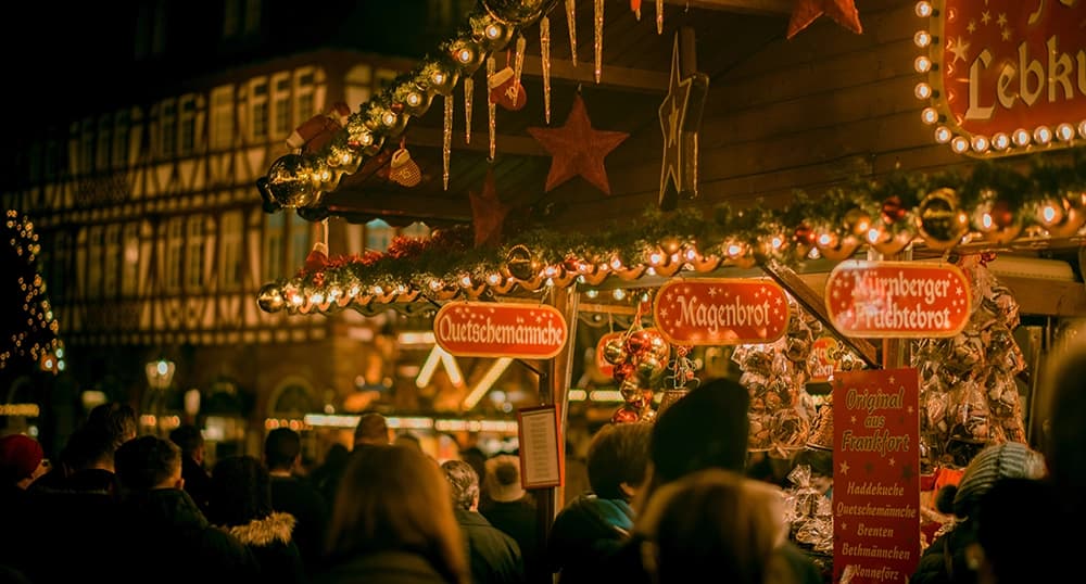 A beautiful gingerbread booth at the Frankfurt City Christmas Market in Germany.