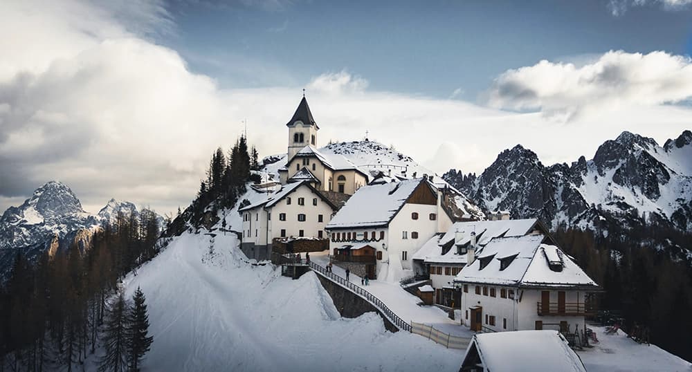 Monte Lussari, Italy in winter covered in snow.