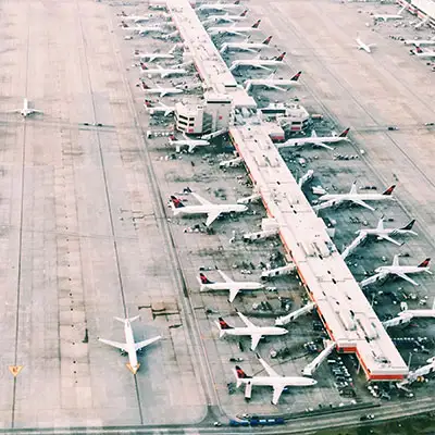 Airplanes at gate terminals.