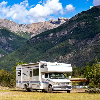 Rv on a road trip in the mountains.