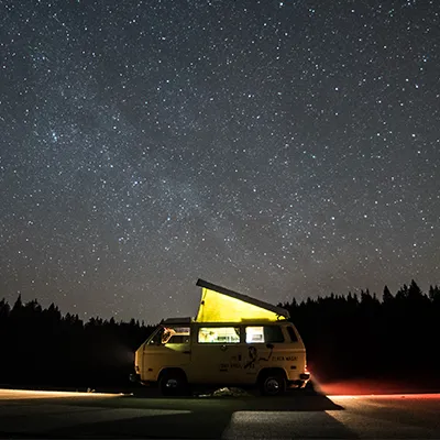 Camper van at night.