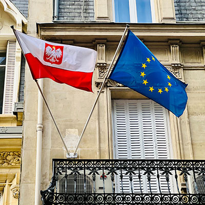 The flags of the Consulate General of Poland and the European Union