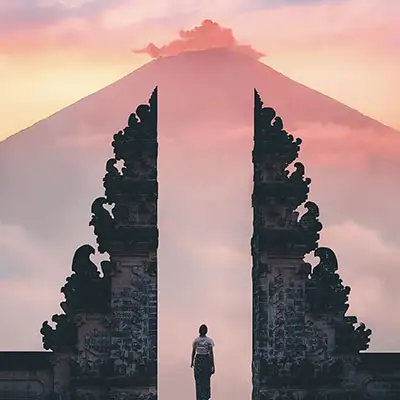 Gate to volcano at sunset.