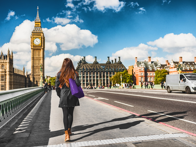 Woman walking on Westminster bridge in London